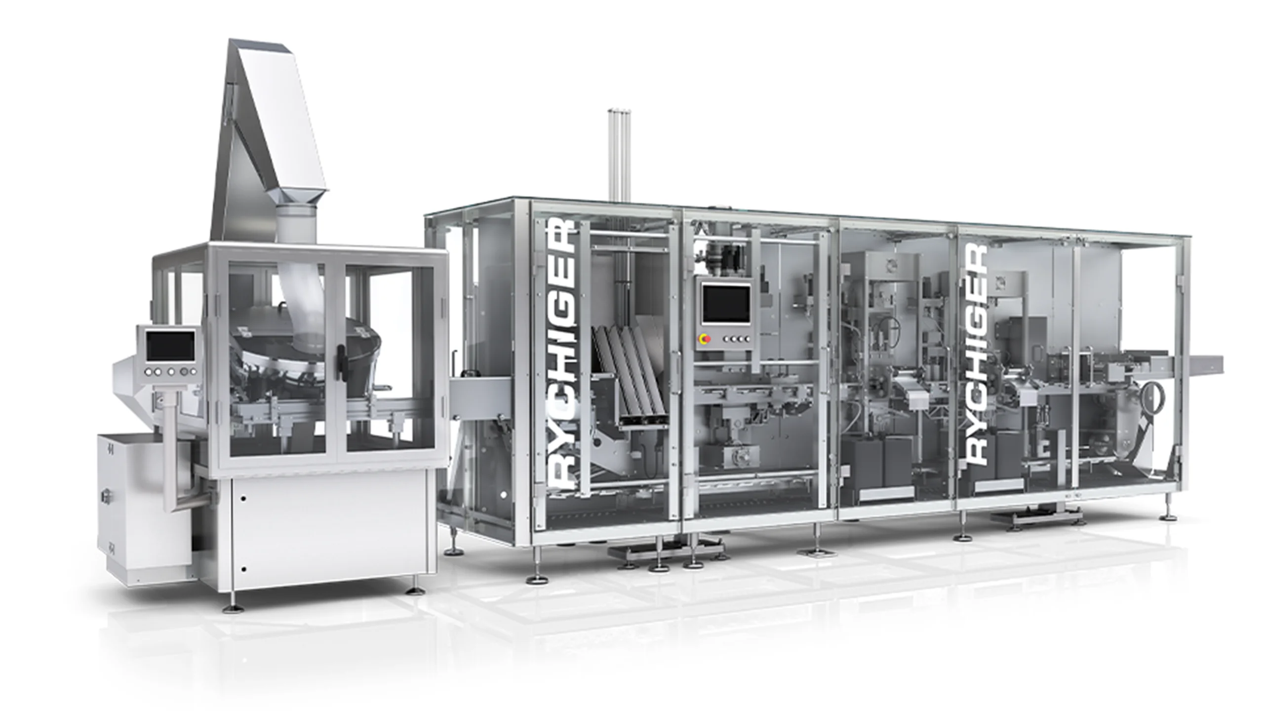 Kapselfüller FS150 Große industrielle Kapselfüllmaschine von Rychiger mit mehreren transparenten Maschinenmodulen, Steuerungsdisplay und Zuführsystem zum automatischen Befüllen und Verpacken von Kaffeekapseln.